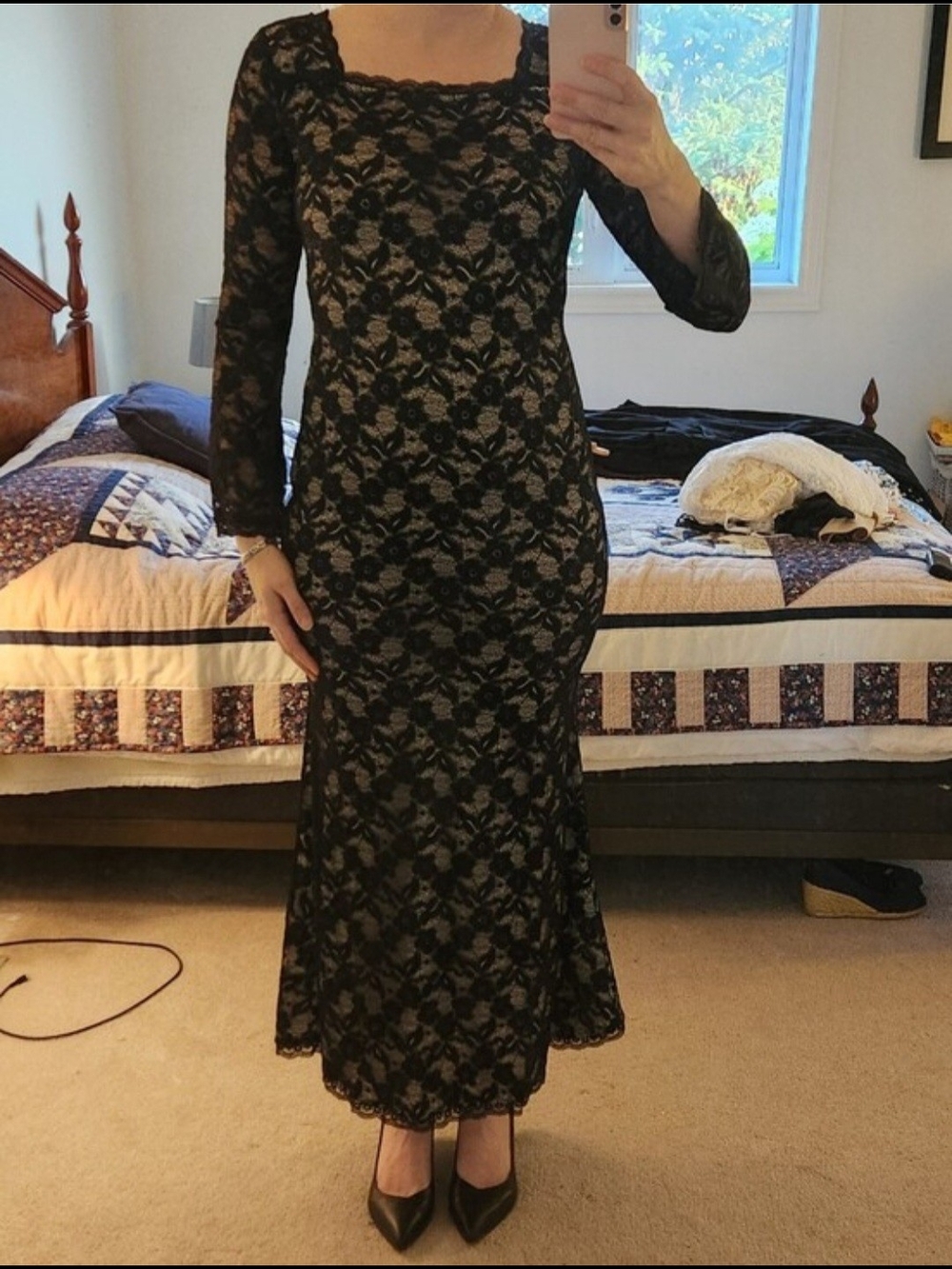 SHEIN Black Floral Lace Long Sleeve Maxi Dress